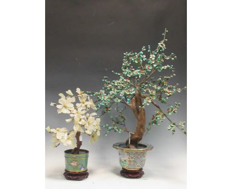 A Chinese cloisonné vase, modern, decorated with storks and containing artificial bonsai with turquoise and red blossoms, 80 
