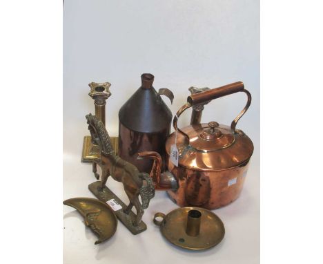 A copper kettle, copper flask, bed pan, together with a pair of silver plated brass column candlesticks, a brass candle holde