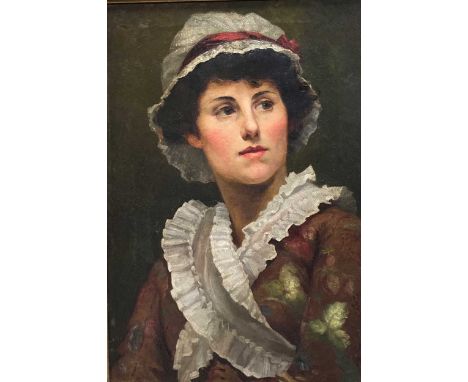A late 19th century study of a young woman in lace cap and frilled blouse, oil on canvas, 52 x 36cm
