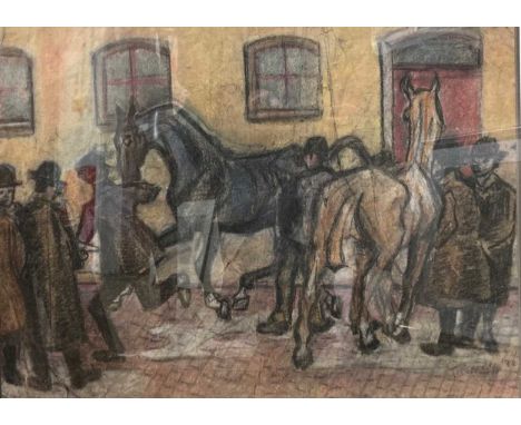 T Ferneley, Stable yard, signed and dated lower right, pastel, 40 x 55cmCondition report: There are several large creases and