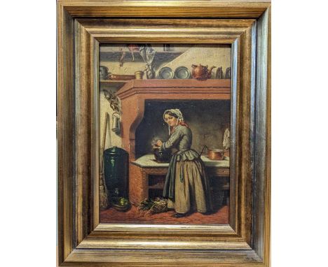 Interior scene with a lady cooking, signed 'Tron Lyon' (lower left), oil on panel, 24.5 x 17.5cm; 34.5 x 27.5cm (framed)