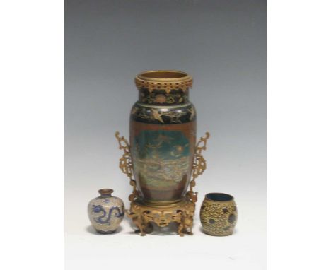 A cloisonné lamp base with gilt metal mounts and two other pieces of cloisonne (3)Condition report: The smaller&nbsp;cloisonn