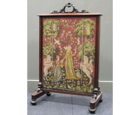 A Victorian firescreen with pull up needlework panel, 99 x 65 x 10cmCondition report: Signs of restoration and damage to the 