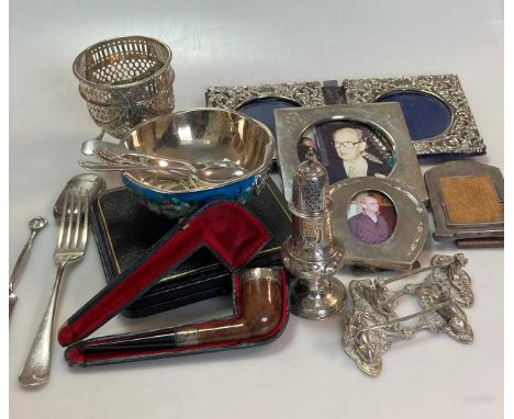 A cased set of 6 silver teaspoons, together with a silver caster, a silver sugar basket frame, a silver banded cased pipe, 4 