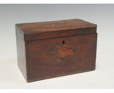 A late 18th or early 19th century mahogany pistol case (lacking fittings) together with a George III inlaid mahogany tea cadd