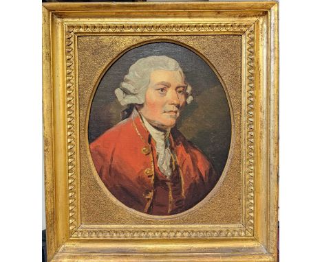 Scottish School 18th Century, Portrait of a gentleman, bust-length, in a red jacket, oil on canvas, 31.5 x 25.5cm (oval)Condi