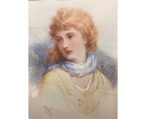 A late Victorian watercolour study of a girl with auburn hair, 25 x 20cm; pen and ink study of a woman with baskets, on buff 