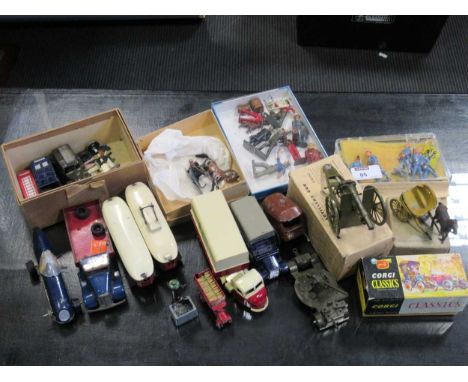 Box misc old models including Triang Minic, Charbens van with tractor, etc (condition varies)