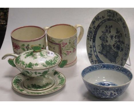 Two Lusterware mugs one dedicated to Ann Hewett Osmond, together with a creamware butterfly bowl and cover, ladle and saucer;