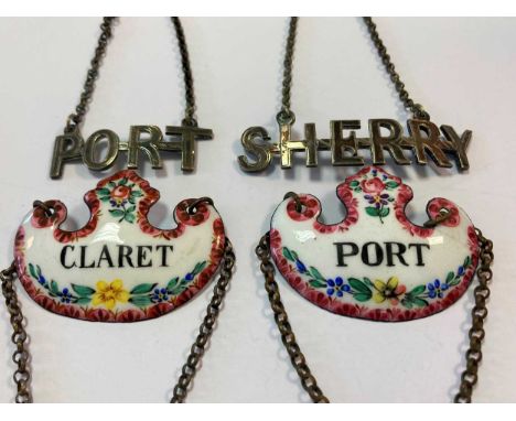 Two 19th Century enamel bottle tickets 'Claret' and 'Port'; two plated bottle tickets 'Sherry' and 'Port' (4)