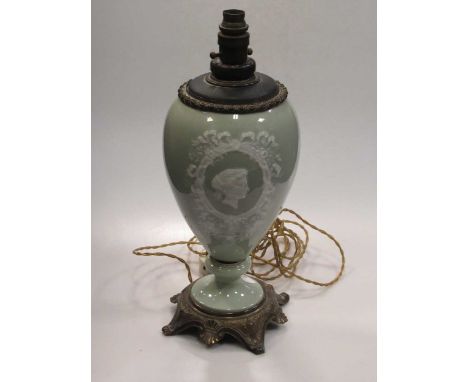 A French style green porcelain baluster lamp base with white female portrait and floral spray to the reverseCondition report: