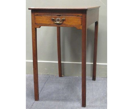 A George III flame mahogany lamp table, the single end drawer over chamfered square legs 71 x 65 x 42cm