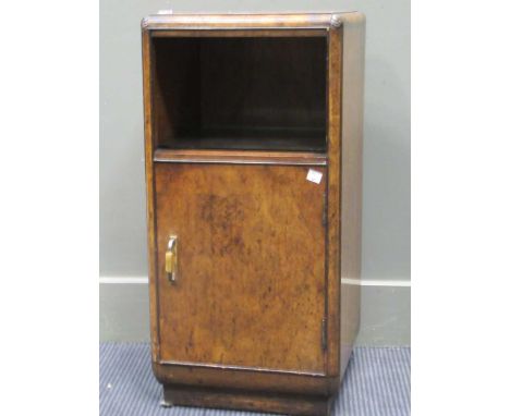 An Art Deco walnut bedside cabinet with an open shelf over a single cupboard door 73 x 36 x 37cm and a towel rail with barley