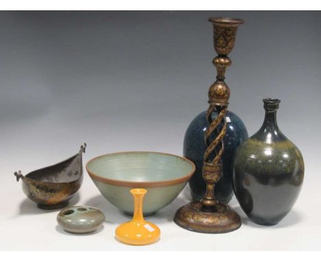 A Kasmiri candlestick, a shaped bowl, a studio pottery bowl by Tony Gant, and two speckle glazed vases