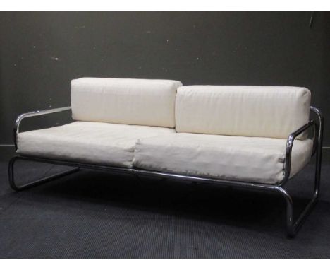 Chrome tubular sofa with white striped upholstered cushions, 58 x 184 x 81cmCondition report: Staining and fading to fabric. 