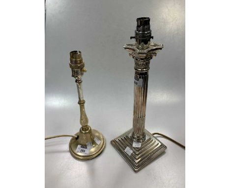 A silver plated column lamp and one other silver plated lamp