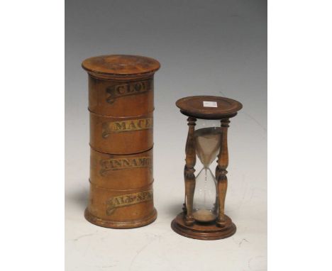 A late Victorian treen spice tower and reproduction sand timer