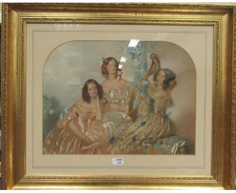 M.D Roux, French, 19th century, a portrait of three women, gouache on paper, 37 x 50cm