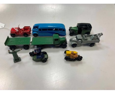 Dinky Toys: 2 early saloon cars, green flatbed lorry with trailer, Royal Mail van, taxi, and 7 others plus 2 breakdwon motorc