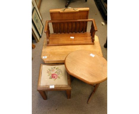 A group of lightwood furniture including two low tables and a stool