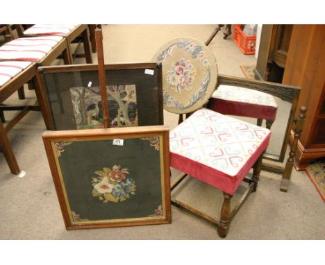 Two tapestry pole screens, firescreens and stool