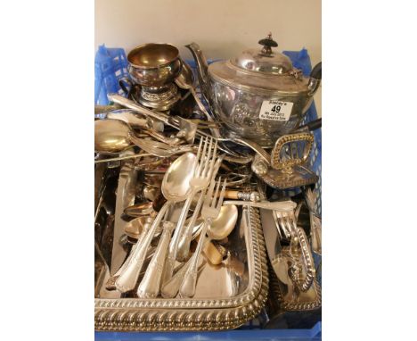 A tray of silver plate cutlery and flatware