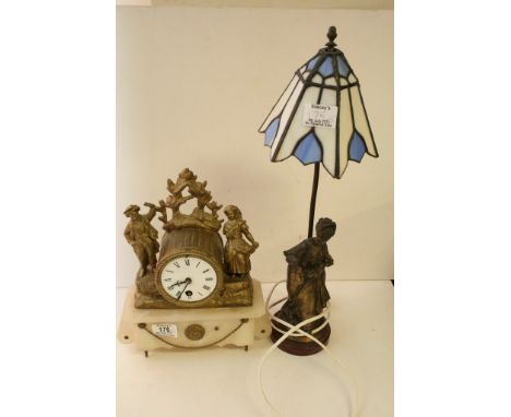 An French ormolu  style mantle clock with a spelter lamp