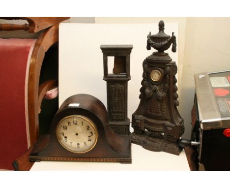 A carved wood Classical style clock plus a mantle clock