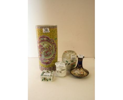A large Chinese Famille Jaune vase decorated with a dragon against scrolling decoration, a small Satsuma vase decorated with 