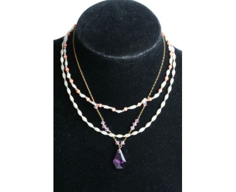 Three necklaces including coral and pearl