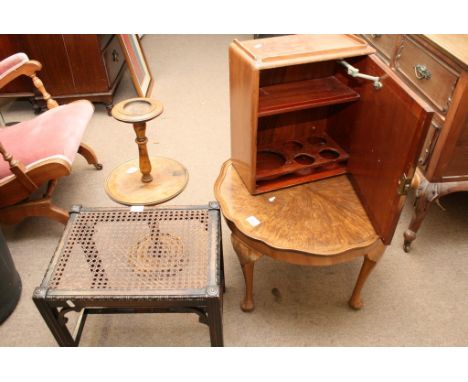 An occasional table, rush seated stool, wall cupboard and turned wood what not