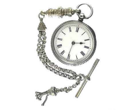 A silver .935 ladies key wind pocket watch, with 32mm white enamel dial, foliate engraved case, together with an Albertine wa