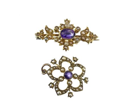 Stamped 15ct, width 32mm, 3.4g; together with a 9ct amethyst and seed pearl pendant, 1.56g, gross weight 5g.