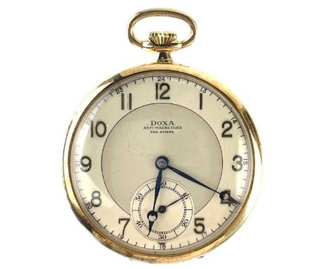 Doxa 18ct gold open face crown wind dress pocket watch. The silver 38mm signed dial with gilt Arabic numerals and subsidiary 