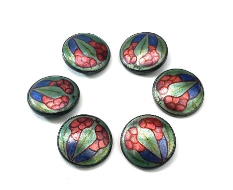 Alice Waymouth – A set of six arts and crafts silver and enamel buttons. Each monogrammed A W, diameter 27.5mm.There are SIX 