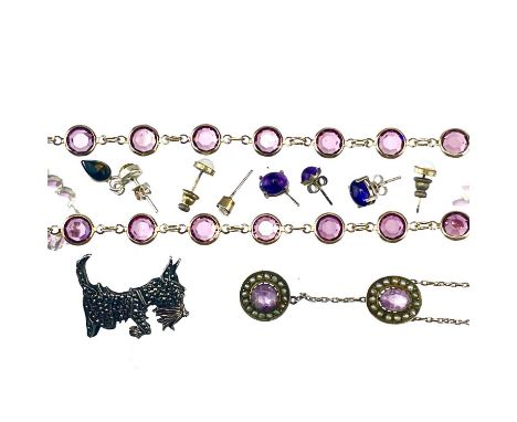 A gold plated 'amethyst' set Riviere necklace. Together with a low grade silver, amethyst and seed pearl pendant necklace, st