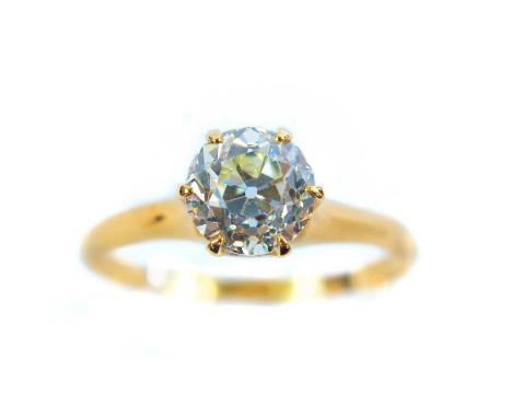 The stone measuring 1.3ct approximately in a six claw setting, stamped 14k, size T, 2.89g.The diamond is eye clean. Under a l