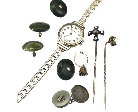 A set of four greenstone buttons, a diamond and pearl set stick pin, another stick pin, a Certina ladies 9ct gold cased wrist