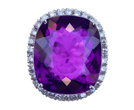The large deep purple cushion shaped amethyst measuring 18mm x 15mm surrounded by 30 small brilliant cut diamonds, size M, 9.