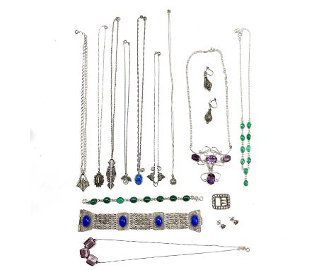 A collection of mostly silver costume jewellery, including an amethyst set Art Nouveau style pendant necklace.