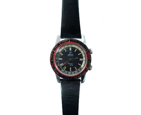 Enicar Sherpa Guide 600 GMT gentleman's Pilot's wristwatch. Circa 1968, the outer bezel with red triangular pointer and inscr