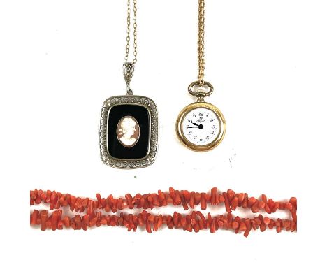 A coral stick bead necklace; together with an 835 silver cameo pendant on a 333 gold chain and a watch pendant on chain.