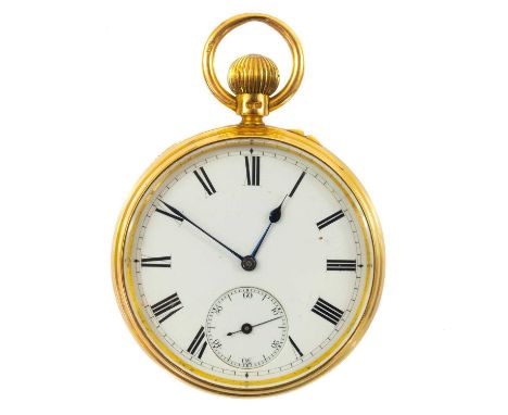 An 18ct gold pocket watch. Open face crown wind. The 42mm white enamel dial with subsidiary seconds dial, the three quarter p