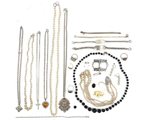 A box of costume jewellery. Mostly silver chains and pendants, weight of silver 99g, a 9ct bracelet and a broken gold ring, 3