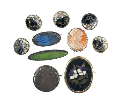 A 9ct mounted shell cameo brooch. Together with a pietra dura brooch, three silver brooches and a set of five enamel buttons.