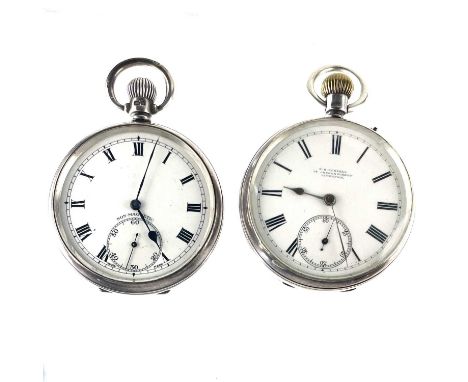 Two silver cased crown wind pocket watches. One by T R Russell, Church St Liverpool, London 1891, the other unsigned, Denniso