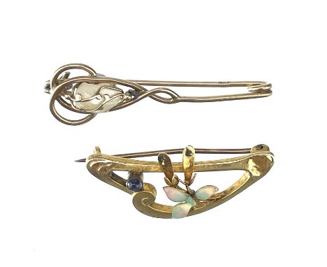 An Art Nouveau 9ct sapphire set and enamel floral design openwork brooch, stamped 9ct, width 32mm; together with a 9ct pin ca