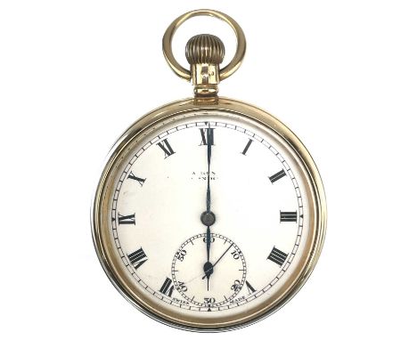 A 9ct rose gold crown wind pocket watch for J W Benson Ltd. The 42mm white enamel dial with black Roman numerals and subsidia