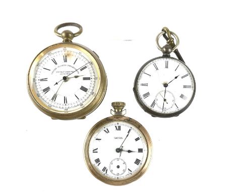 Three pocket watches. Including a brass cased centre seconds chronometer, a silver key wind pocket watch and a Smiths gold pl