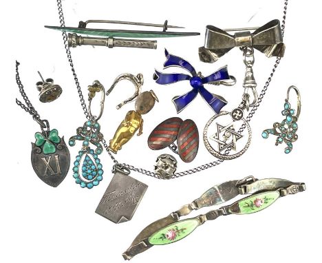 A collection of silver and silver and enamel jewellery. Including a Russian silver and enamel shield pendant with enamel clov